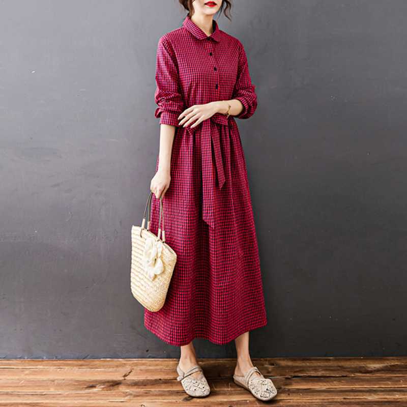 Women's Cotton and Linen Loose Fitting Plaid Mid Length Dress