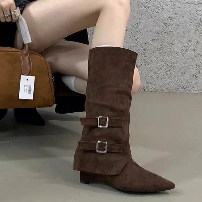 Autumn and Winter New Pointed But Knee Belt Buckle Heel Medium Heel Boots Low Heel Boots High Boots Brown Velvet