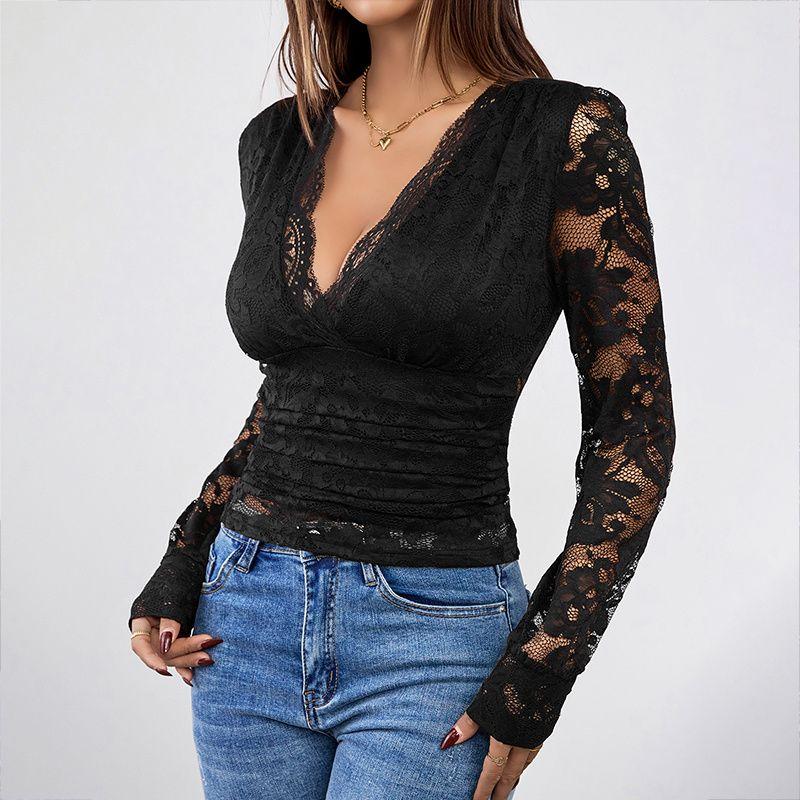 

Fashion Women Blouse Lace Ladies Tops Sexy Lace Waist Hugging V-neck Shirts Top Black XL