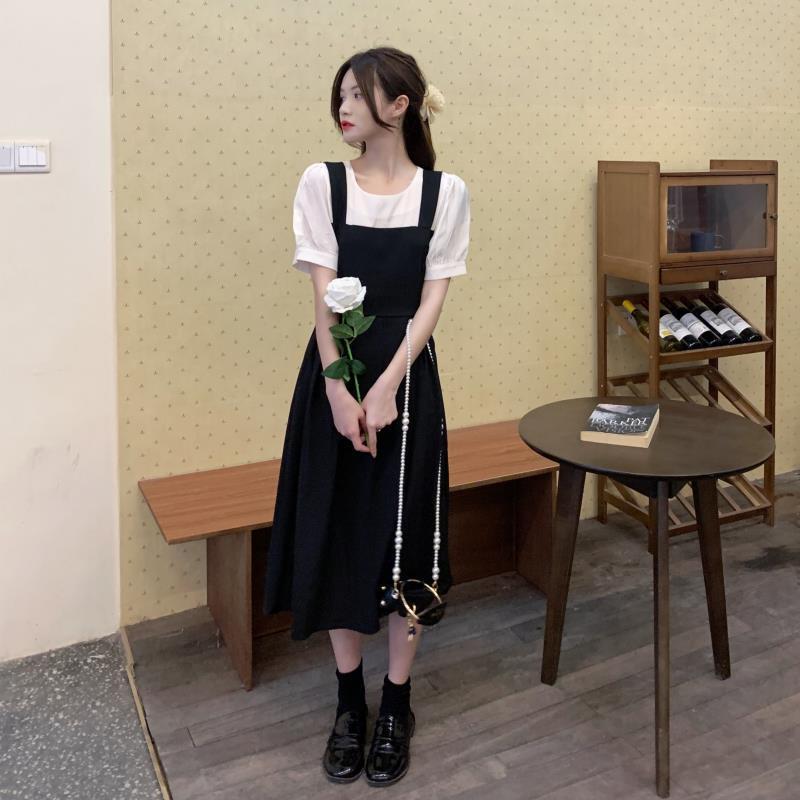 Damen Sommer Faux Zweiteiler Schwarzes Kleid - Französischer Retro, Trägerlang Patchwork Rock