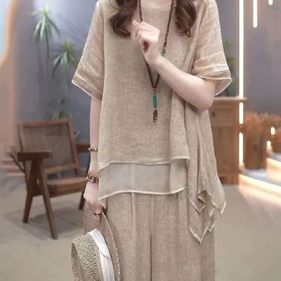 Linen Suit Two Piece Women 2023 Summer Cotton Linen Loose Large Size Suit