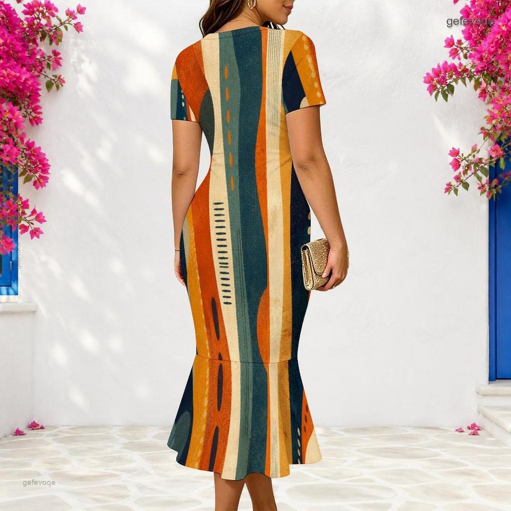 Women Plus Size V Neck Short Sleeve Geometric Printed Fitted Fishtail Dress
