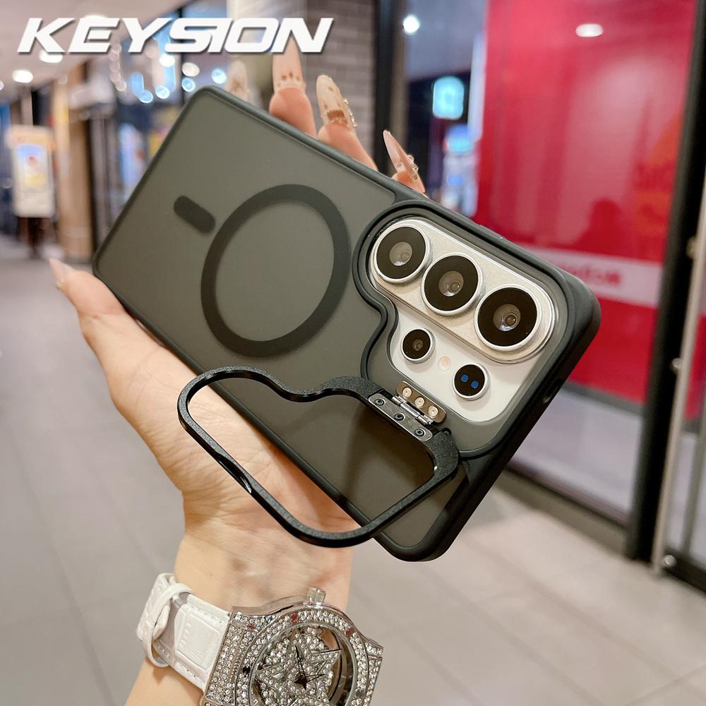 KEYSION Metal Lens Stand Phone Case for MagSafe for Samsung Galaxy S26 Ultra 5G S26+ Magnetic Transparent Matte Shockproof Cover for Galaxy S26 чёрный