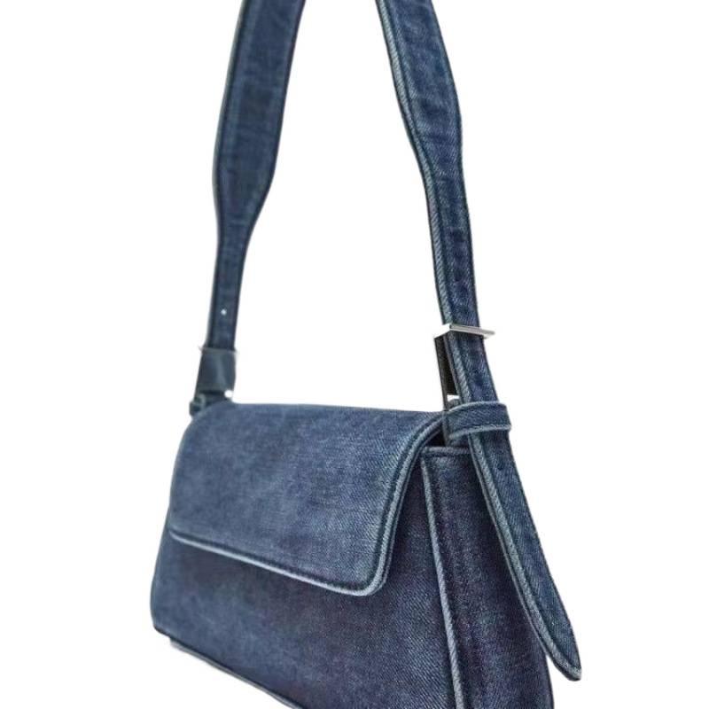 Women's Versatile Blue Denim Baguette Shoulder Bag