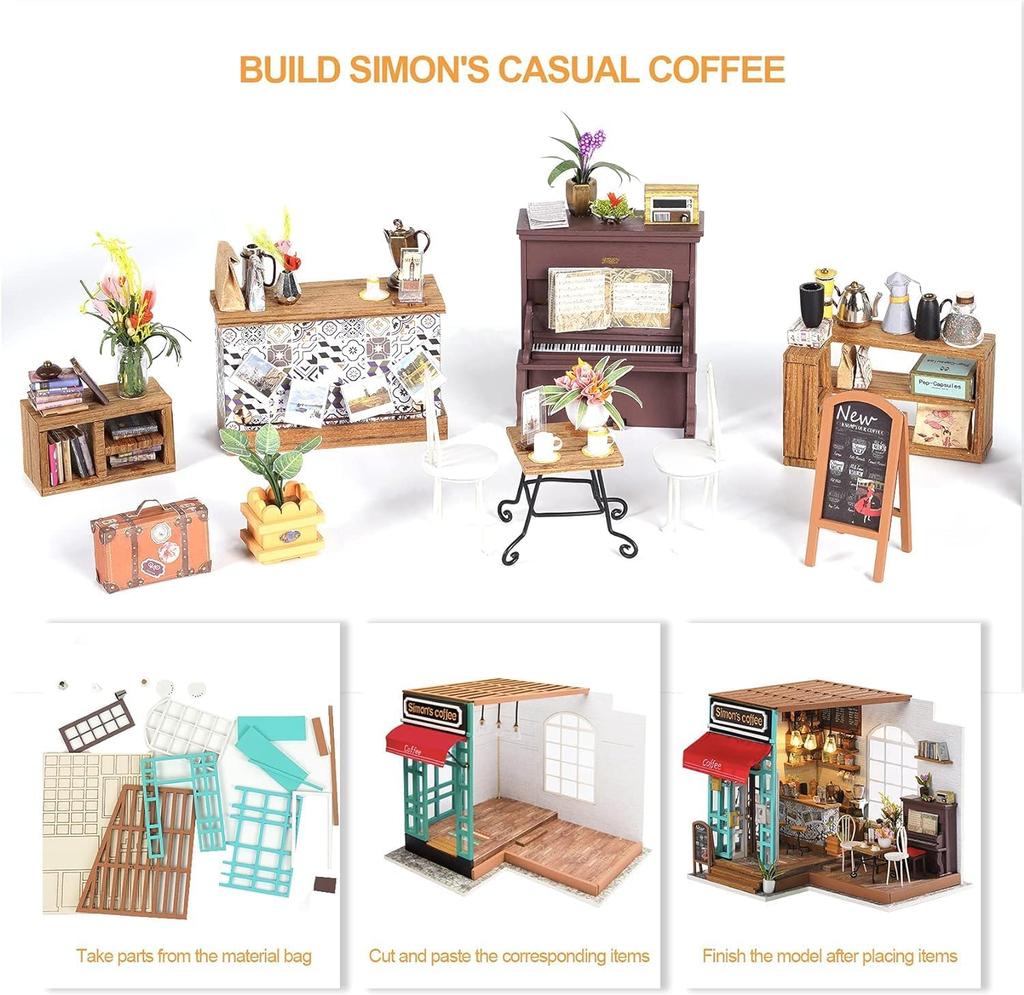 Robotime 1:20 Miniature House Kits Model Building Kits Hobbies Gifts for Women and Men Simon's Coffee Toys