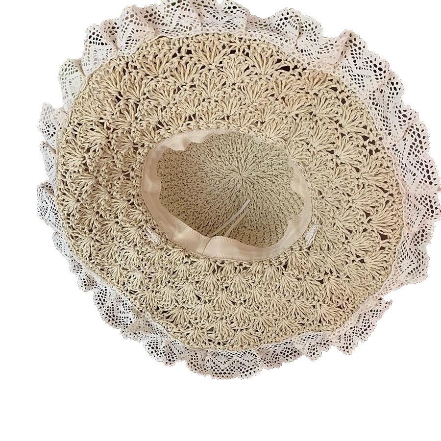 Porridge Cocoa Lace Bow Straw Hat Hollow Seaside Hat Women's Summer Vacation Straw Visor Beach Hat