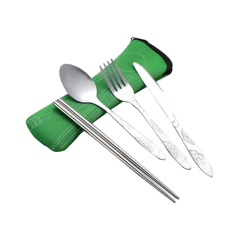 7pcs/ Set Stainless Steel Tableware Set Outdoor Portable Cloth Bag Knife Fork Spoon Chopsticks Straw Rich Flowers Seven Sets