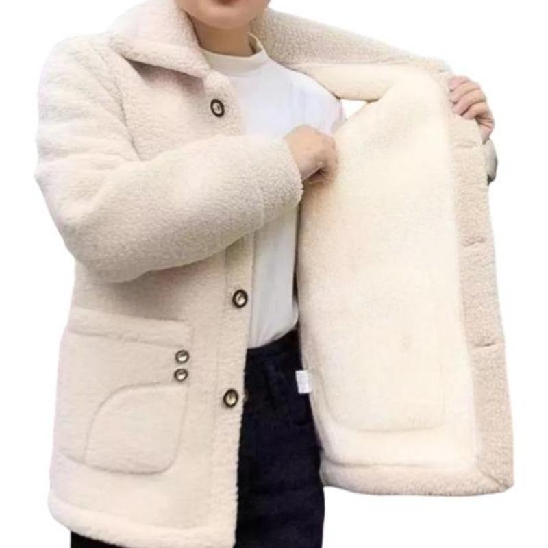 Winter Fleece Coat Thickened Single-breasted with Side Pockets Turn-down Collar Coldproof Solid Color Long Sleeves Outwear Jacket