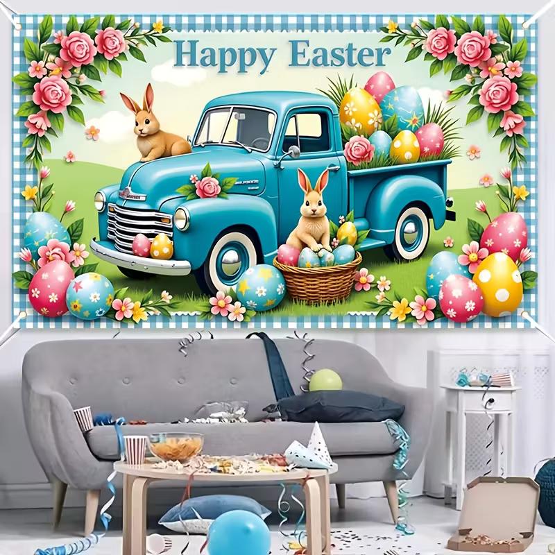 2D Easter Truck Photography Backdrop, Blue Truck with Colorful Eggs & Floral Photo Background