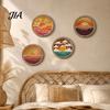 Easy Install Wall Art Set 4Pcs Boho Sunset Art, Abstract Landscape Round Hanging Ornaments, Lightweight Wood Photo Background Wooden Decor for Living