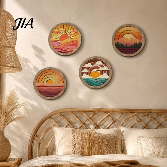 Easy Install Wall Art Set 4Pcs Boho Sunset Art, Abstract Landscape Round Hanging Ornaments, Lightweight Wood Photo Background Wooden Decor for Living