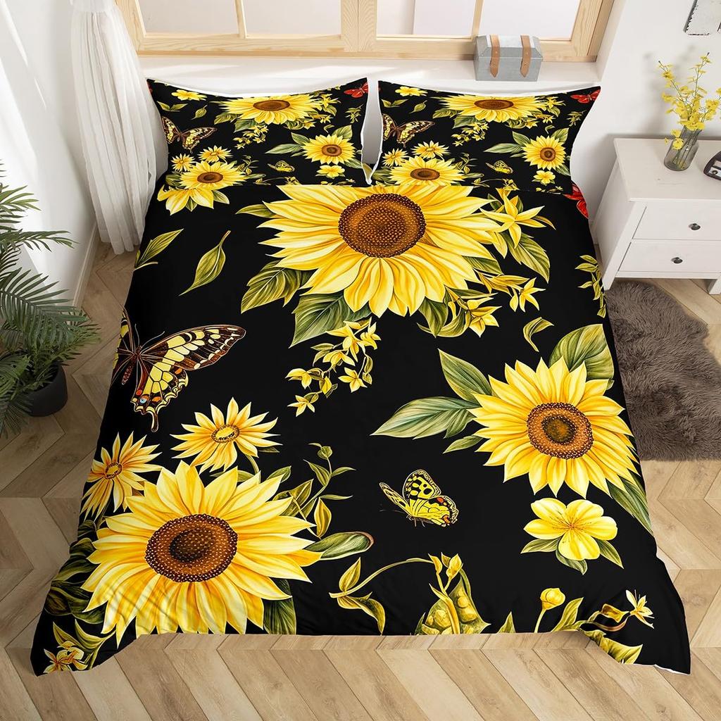 Sunflower Duvet Cover Twin Queen Yellow Flowers Bedding Set Botanical Floral Quilt Cover Garden Bloom Bedding with 2 Pillowcase
