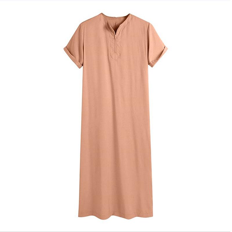 Short Sleeve Robes Thobe Pure Color Jubba Gowns Muslim Kaftan Men Arab East Islamic Long Robe Middle