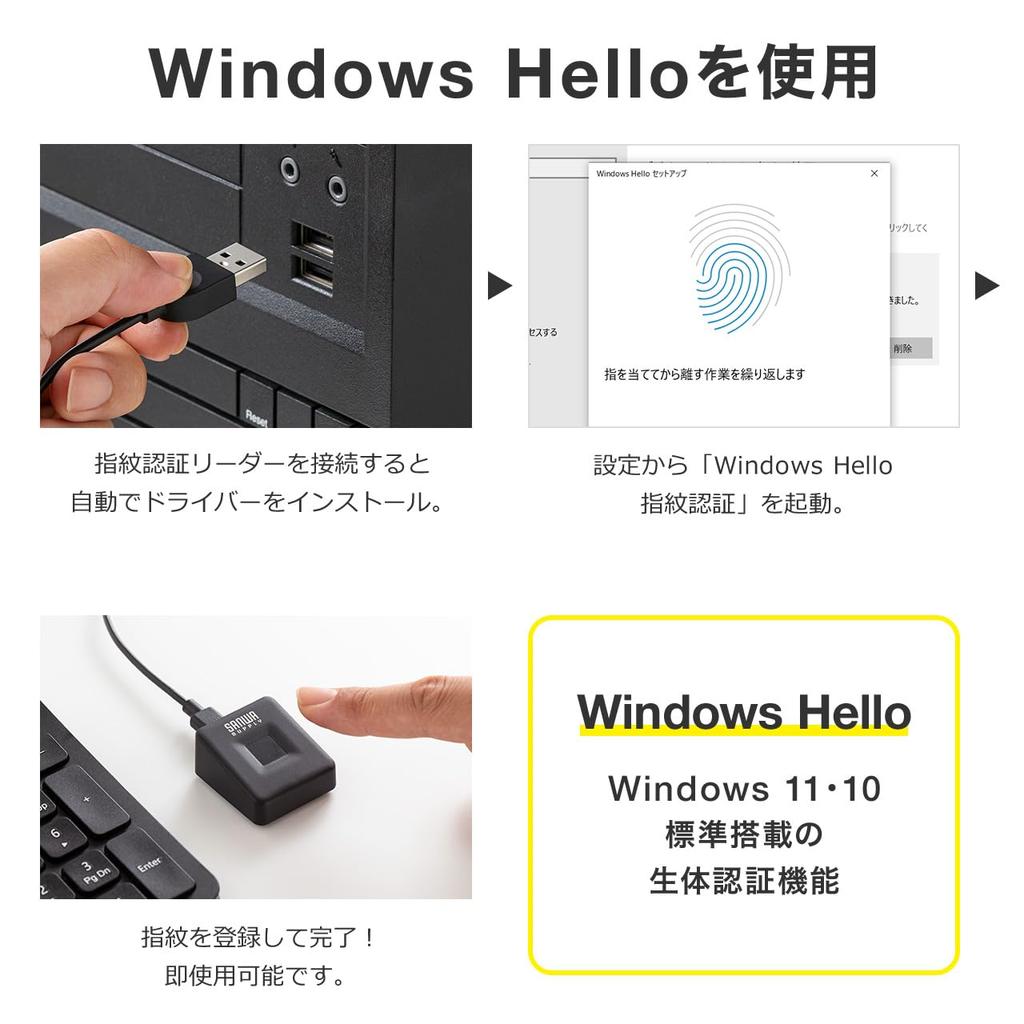 SANWA DIRECT Windows Hello Parmak İzi USB Windows Destekli 10'a Kadar Okuyucu, Bağlantı, Masaüstü, MoC, Uyumlu, 11/10 Uyumlu,