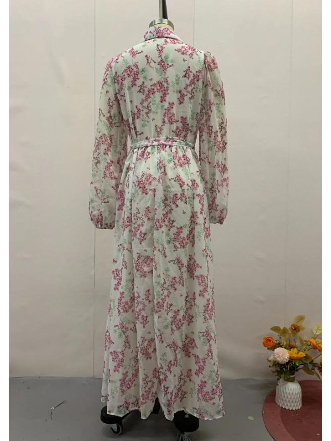 2024 Autumn European & American Gentle Lace-up Waist Slimming Floral Maxi Dress