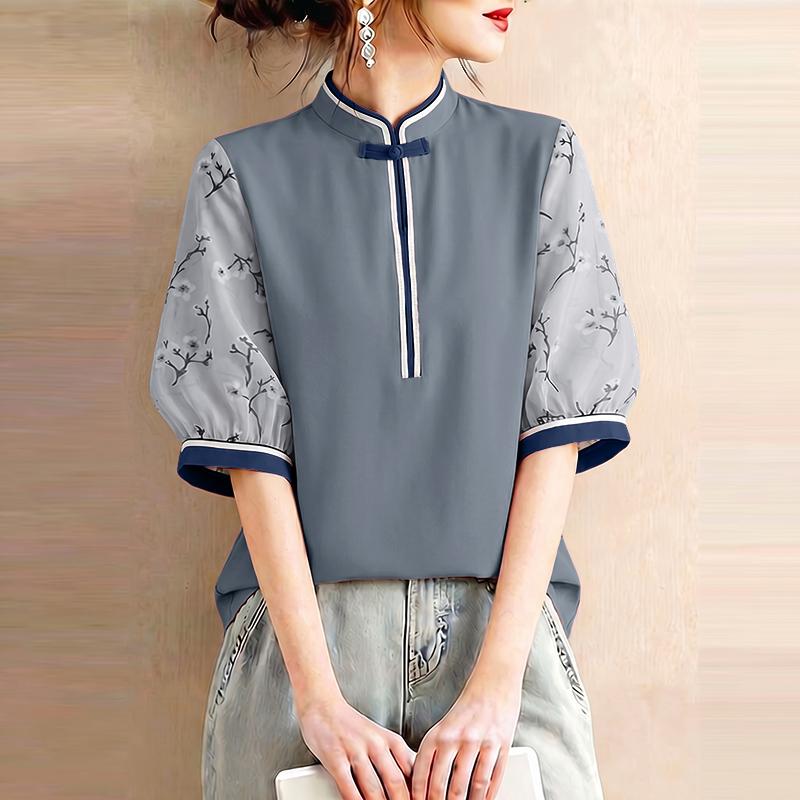 ZANZEA Women Casual Stand Collar Splice 3/4 Sleeve Loose Blouse