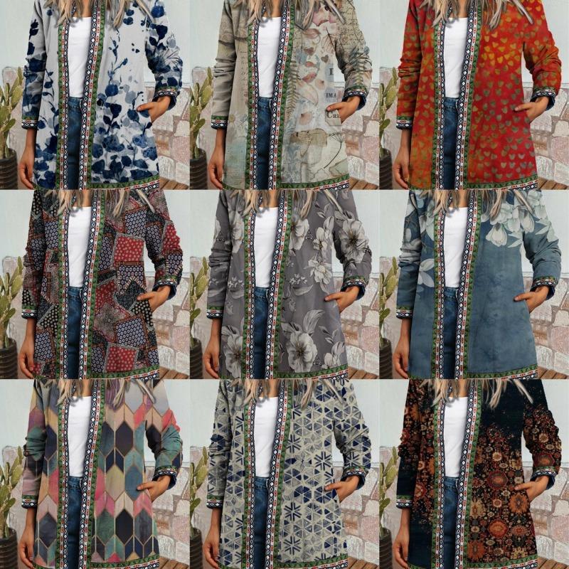 Women S Vintage Ethnic Print Plus Size Open Front Jacket