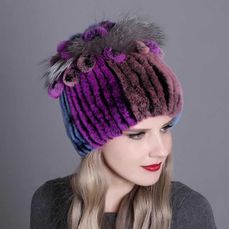 Colorful Rex Rabbit Fur Knitted Women's Warm Winter Hat