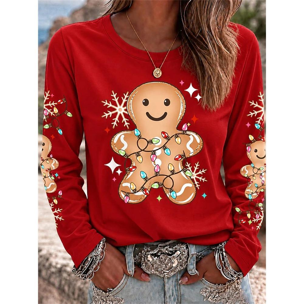 Women’s Christmas Long-Sleeve Pullover Santa Claus Snowflake Print Crew t
