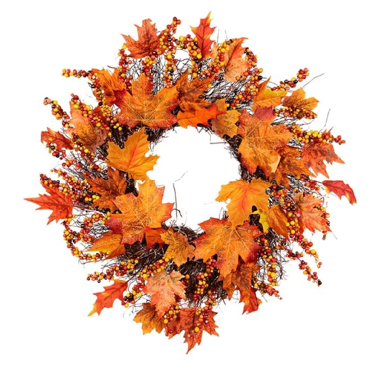 

Vibrant Autumn Thanksgiving Wreath with Swirls of Berries and Maple Leaves 1