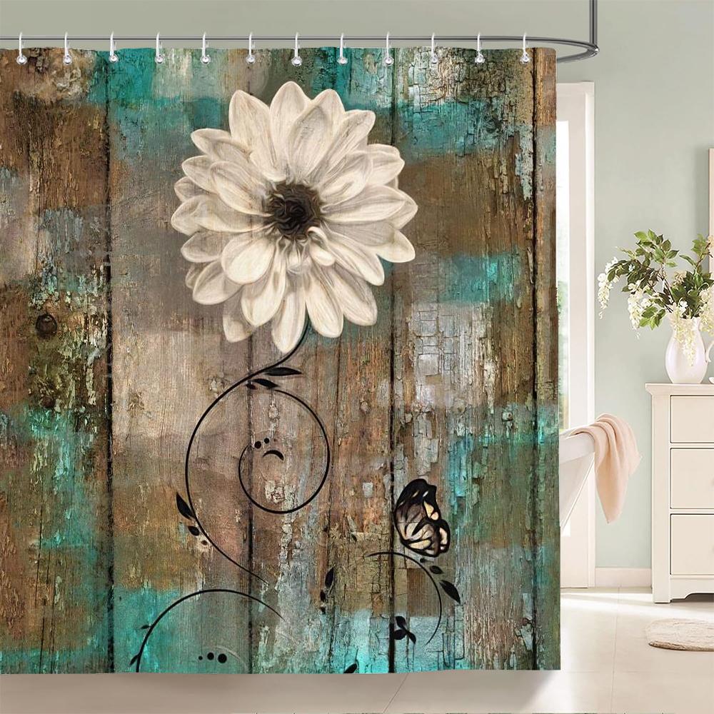 1 Pc Blue Rose Patterned Polyester Material Shower Curtain Waterproof Fabric, Flowers Print Bathroom Curtain Partition Curtain