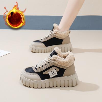 Botas de neve plataforma grossas para mulheres, botas de inverno sem cadarço, forro de pele sintética, cano alto, botas curtas femininas, forradas de lã quente