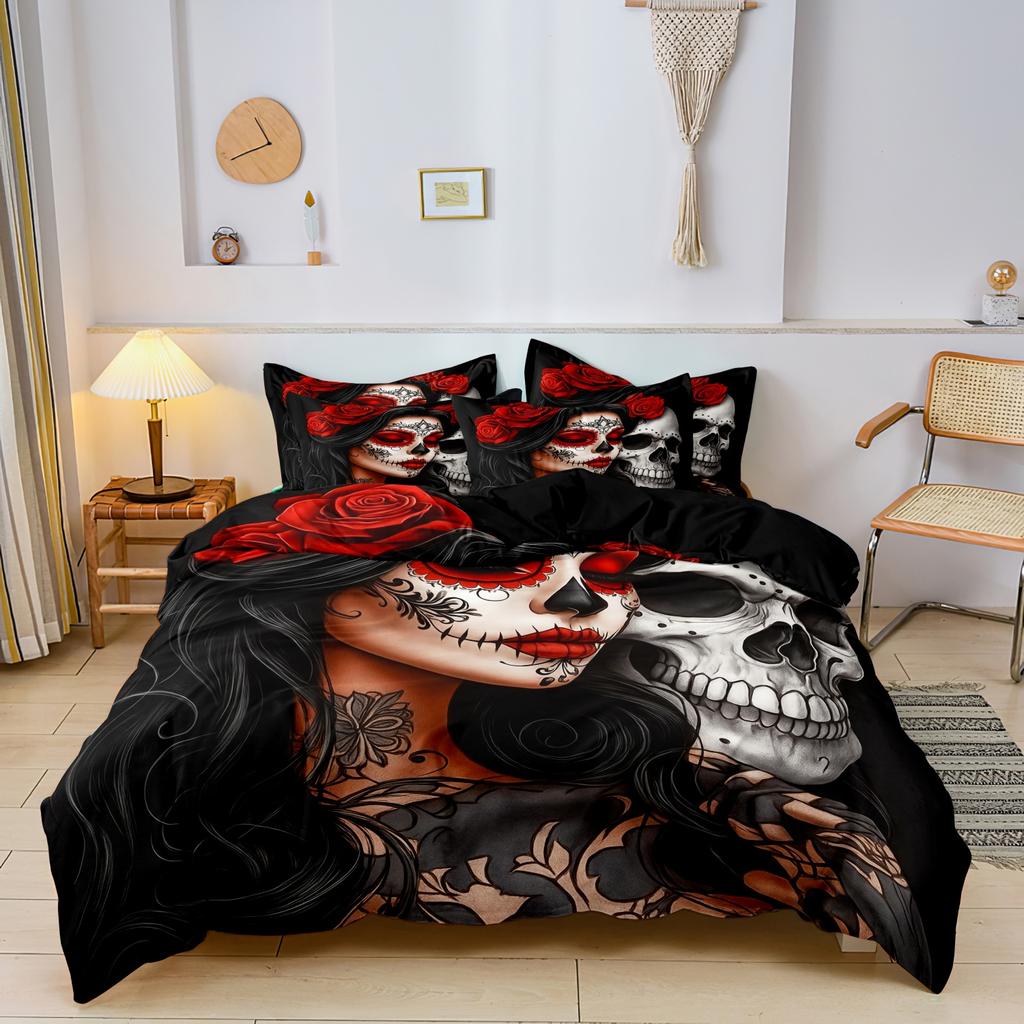 3-teiliges Gothic Mexikanischer Zuckerschädel Frau Bettbezug Bettwäsche-Set Blumen- & Schädelmuster - Ideal für Tag der Toten Feiern
