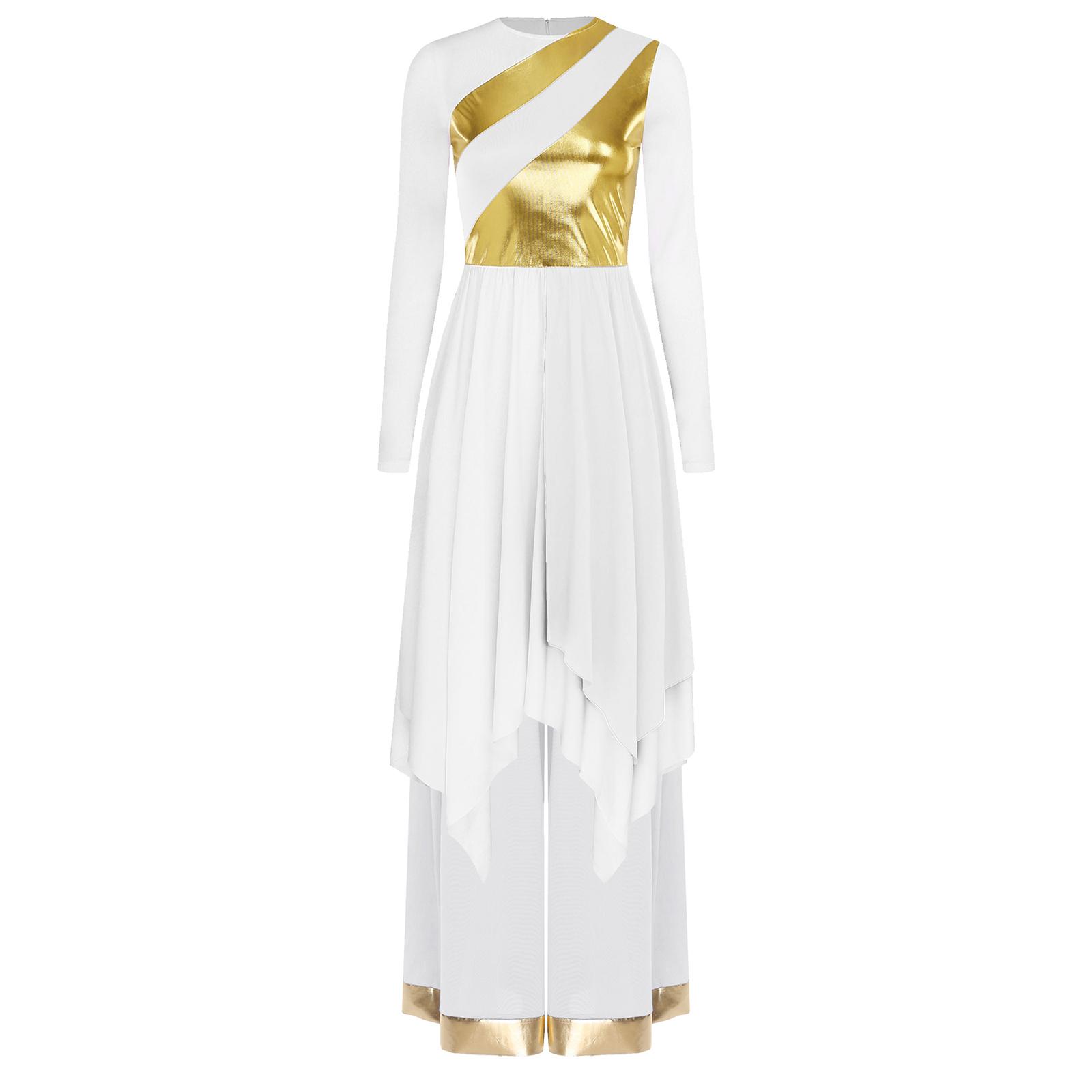 

Womens Metallic Long Sleeve Irregular Hem Dress Wide Leg Long Pants Liturgical Lyrical Dance Set S білий
