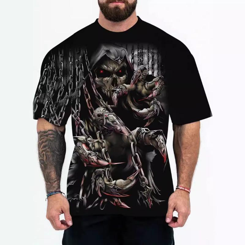 Loose 3D Digital Scary Skull Series Printed Summer Casual Round Neck Short Sleeve T-Shirts Men’s