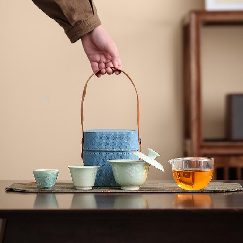 Crystal Glaze Travel Tea Set, Kiln Change Express Cup Cover Bowl, Household Kung Fu One Pot Two Cups Outdoor Portable Bag