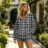 Women's Plaid Print Casual Long Sleeve Hooded Jacket with Pockets and