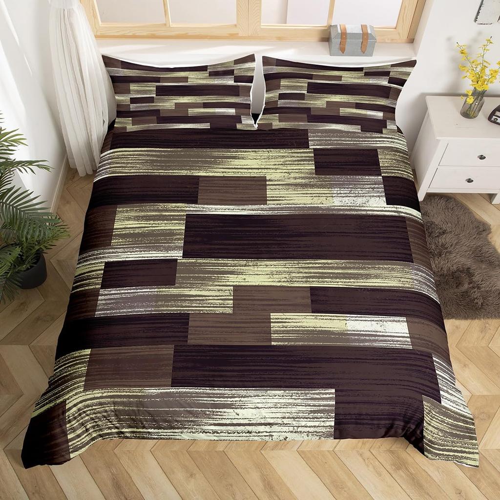 Geometric Bedding Set,Patchwork Plaid Duvet Cover Twin King for Teens Adults,Retro Vintage Comforter Cover,Wooden Plank Bed Set