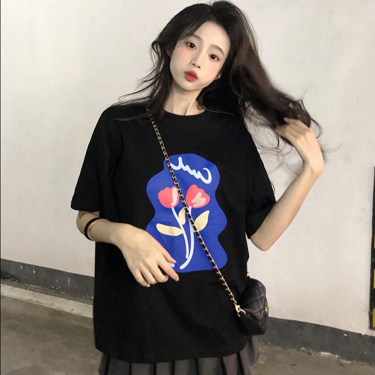 Summer Women's T Shirt Flower Print Casual Short Sleeve T-Shirts Fashion Streetwear Crew Neck Pullover Female Oversized Clothing