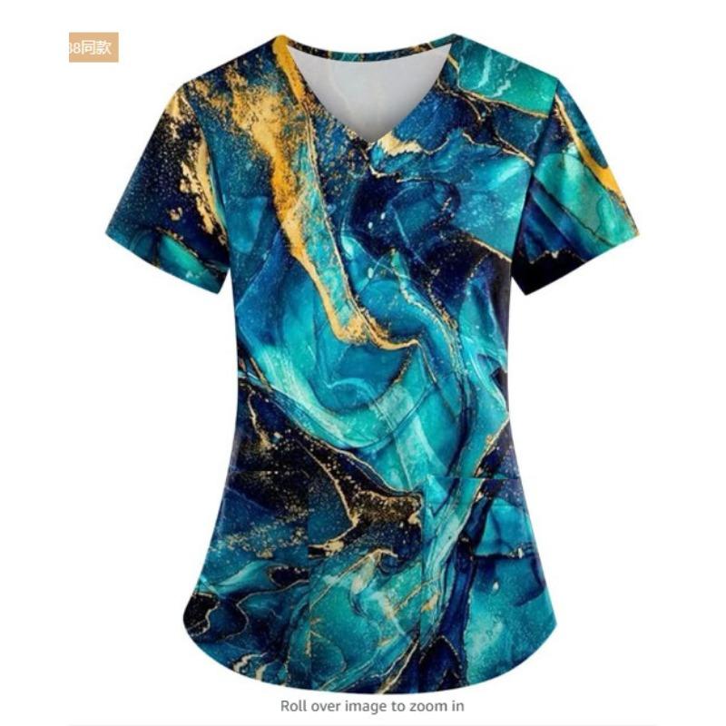 

Women s Marble Print V-Neck Short Sleeve Scrub Top With Pocket S