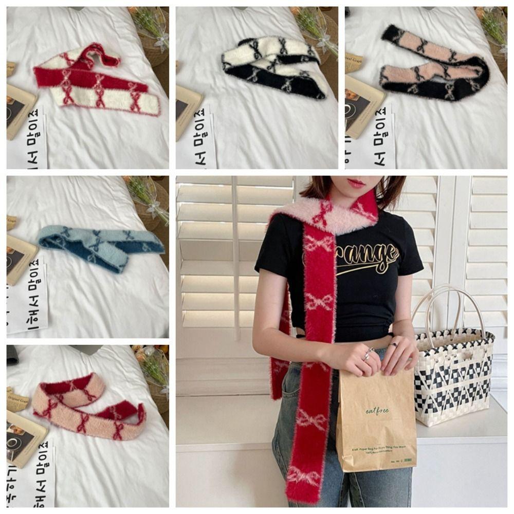 

Long Bow Knitted Neckerchief Slender Color Blocked Neck Cover Y2k Double-sided Scarf Streetwear Style2