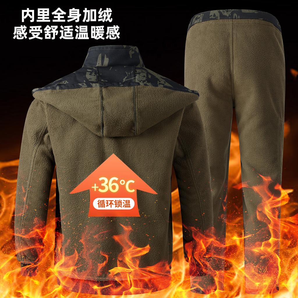 Autumn and winter velvet work clothes set, windproof and warm camouflage clothes, cold-proof, wear-resistant and dirt-resistant tooling