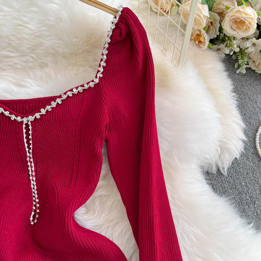 Elegantní kamínkové Tenký čtvercový výstřih bez zad Pletené tužkové šaty High Street Vintage večerní korejské sexy ženy podzimní zimní oblečení