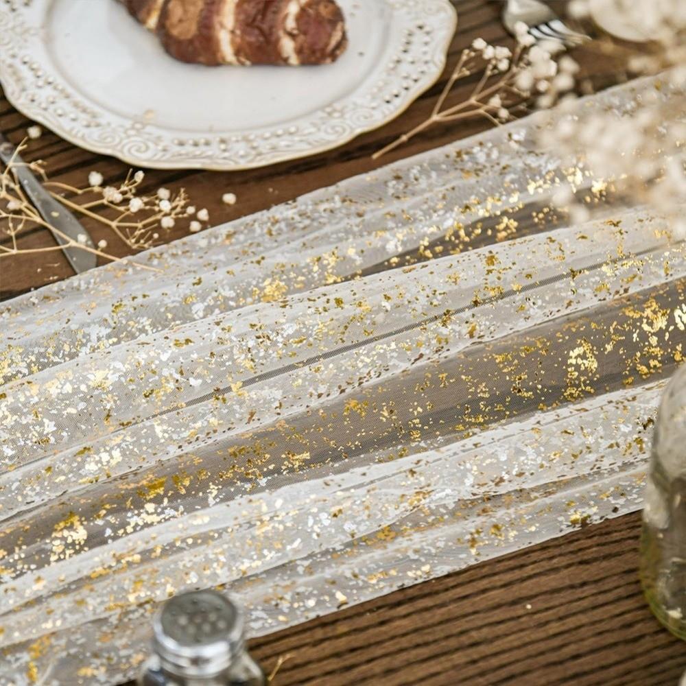 Golden Sequin Glitter Hot Stamping Table Flag Elegant Luxury Glitter Table Runner European Style Soft Mesh Birthday Table Runner