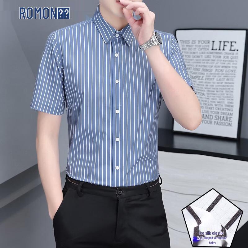 ROMON Men s Striped Ice Silk Short Sleeve Shirt L