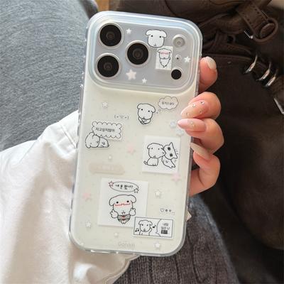 Kawaii Süßer Cartoon Hund Aufkleber Druck Klare Handyhülle Für iPhone 15 16 17 Pro Max INS Koreanischer Stil Großes Fenster Stoßfest Hülle