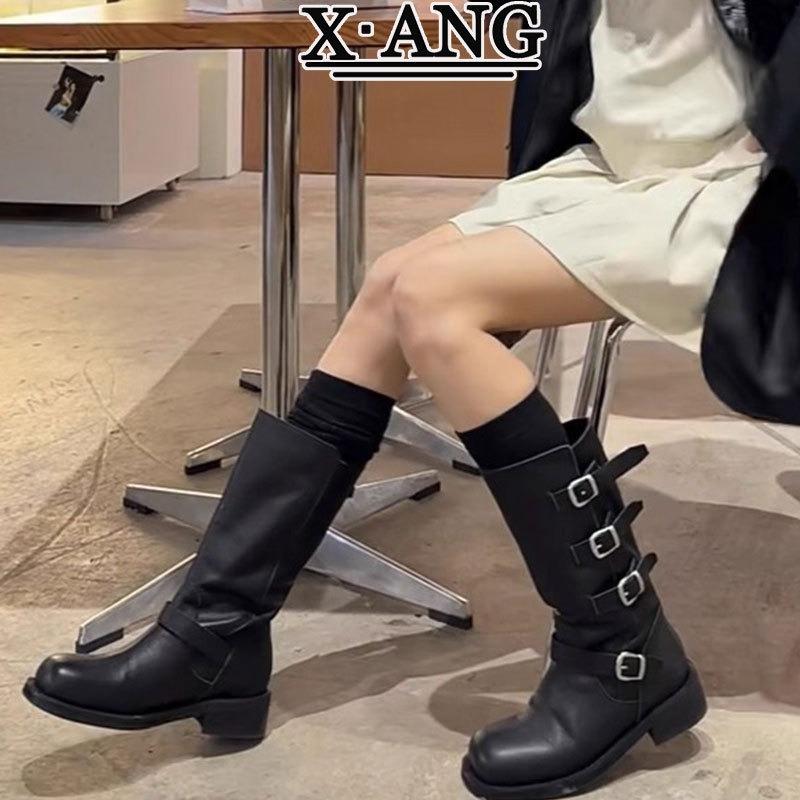 Spice Girl Belt Buckle Pile Boots Women's Leather But Knee Boots High Boots Brown Big Tubular Rider Boots