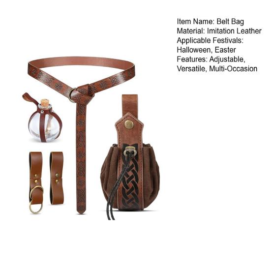 Renaissance Belt with Potion Bottles Adjustable Faux Leather Waist Bag Halloween Viking Costume Accessory