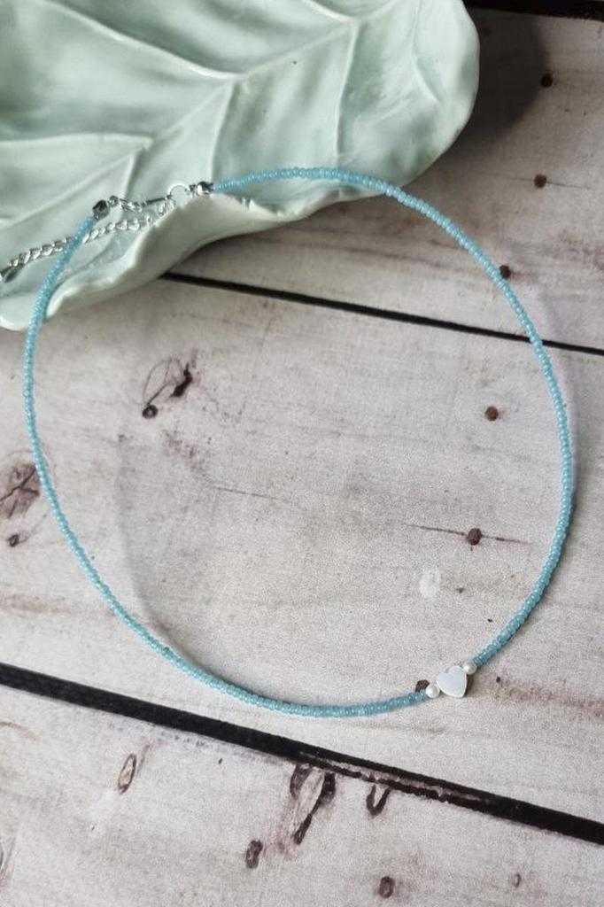 Blue Beaded Choker • Handmade Necklace with Freshwater Shell Heart
