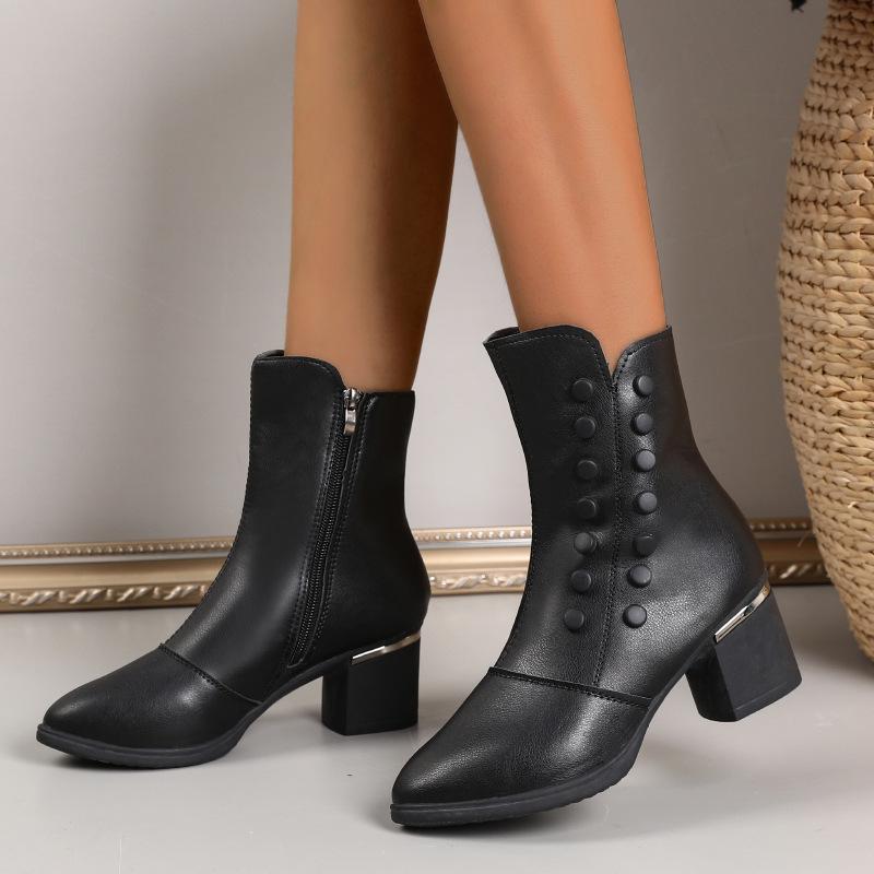 Fashion Women Boots High Quality Leather Ankle Boot Chunky Chelsea High Heels Boots for Women Winter Plush Warm Cotton Boots Botas Mujer