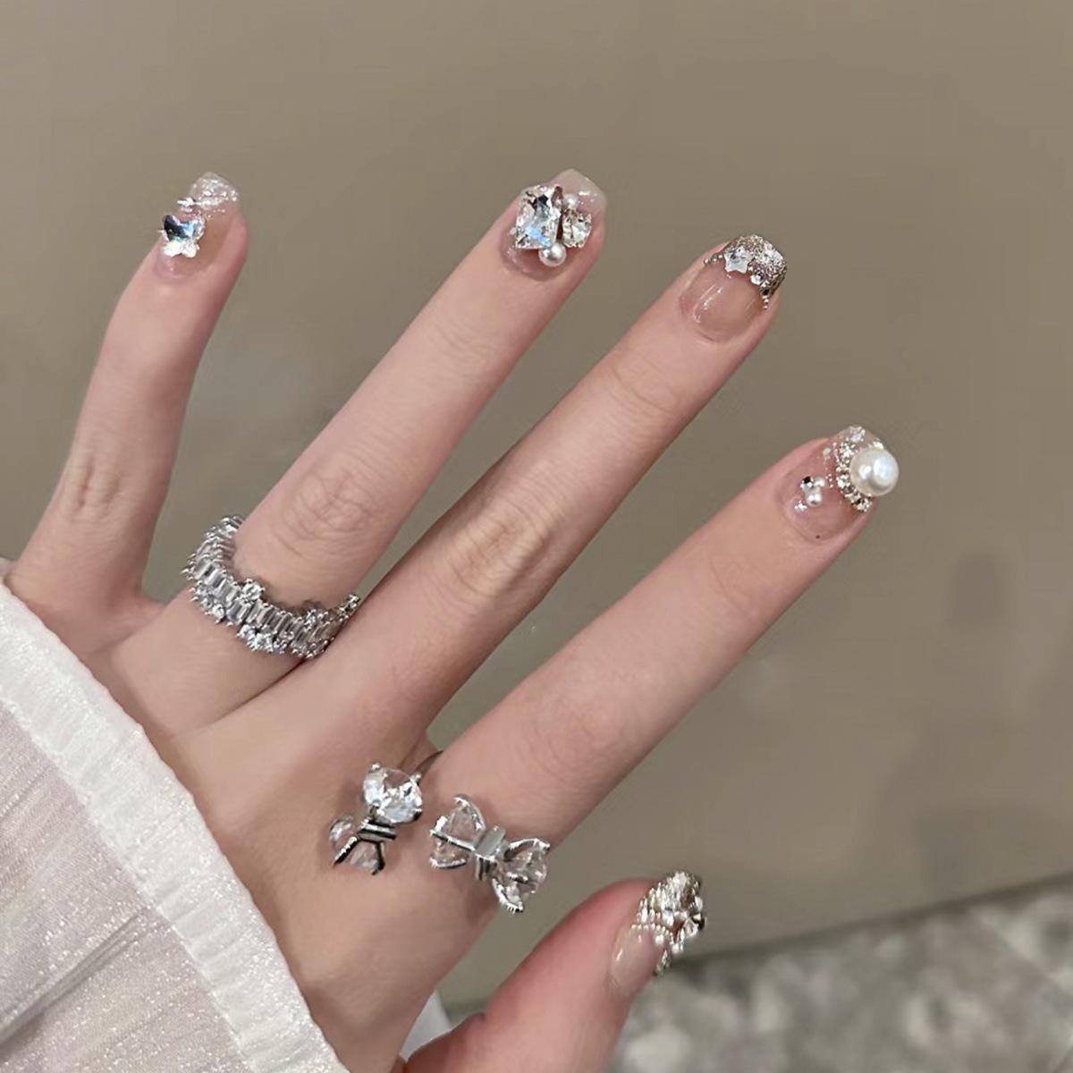 2024 Xiaohongshu French Glitter Press-On Nails with Rhinestones and Pearls