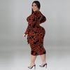 Plus Size Womens V-Neck Long Sleeve Midi Dress Leopard Print Milk Silk Stretch Fit 2025