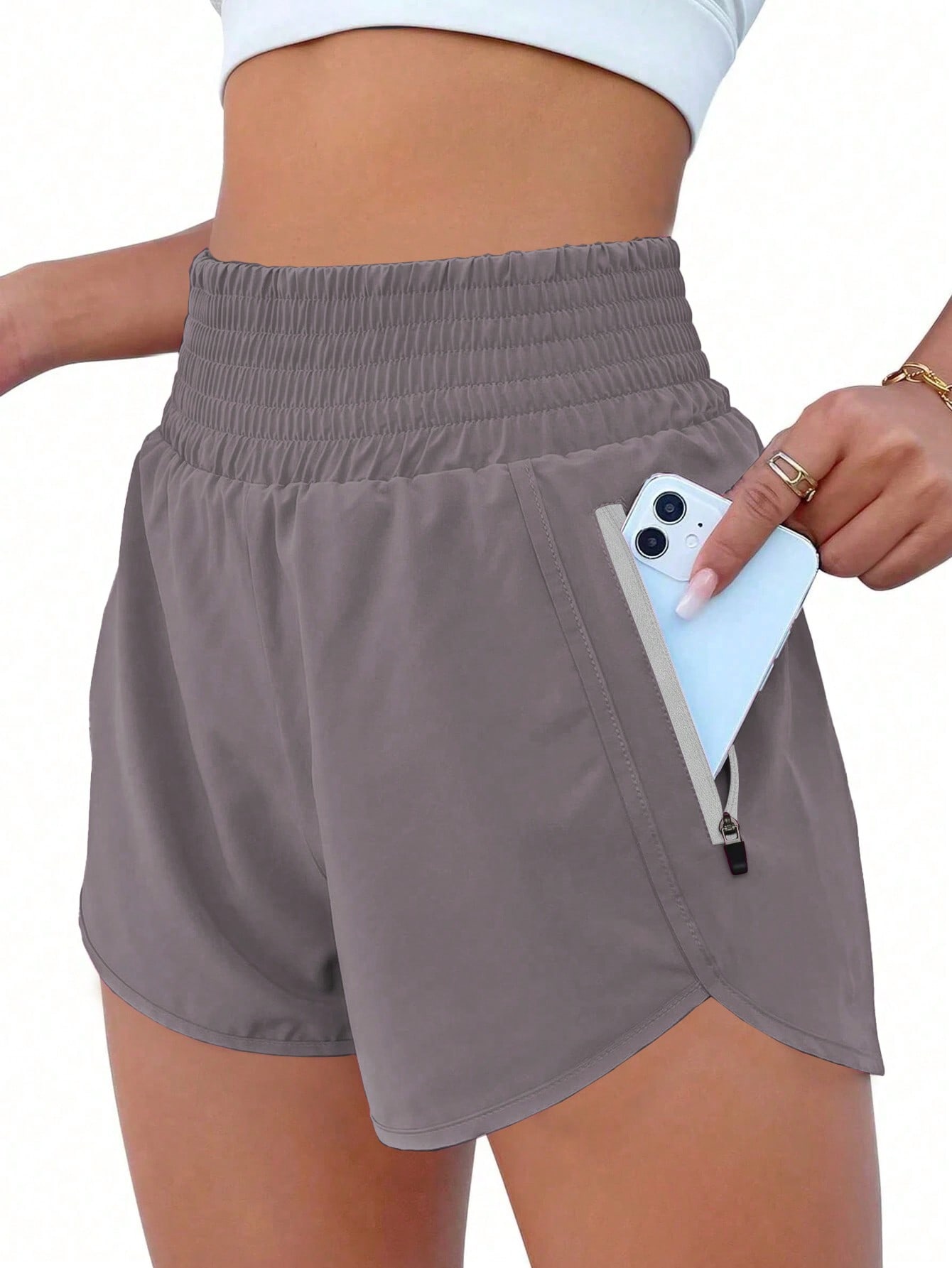 

Женские спортивные шорты с высокой талией, шорты для бега, спортивные шорты с карманами, эластичные шорты для тренировок в спортзале S коричневый