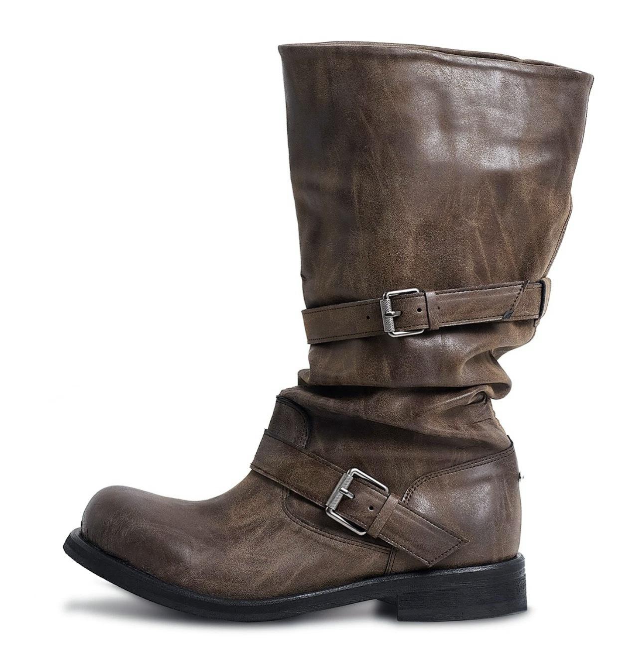 

Zhang Yuanying s same belt buckle stacking boots retro polished round head boots for women s 2025 autumn and winter new boots for women 40 темно-коричневого