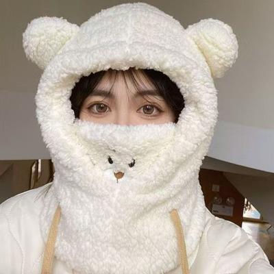 Gorro de orelha de urso de desenho animado com máscara, proteção para orelhas espessada de inverno, gorros de caveira de outono para mulheres e meninas