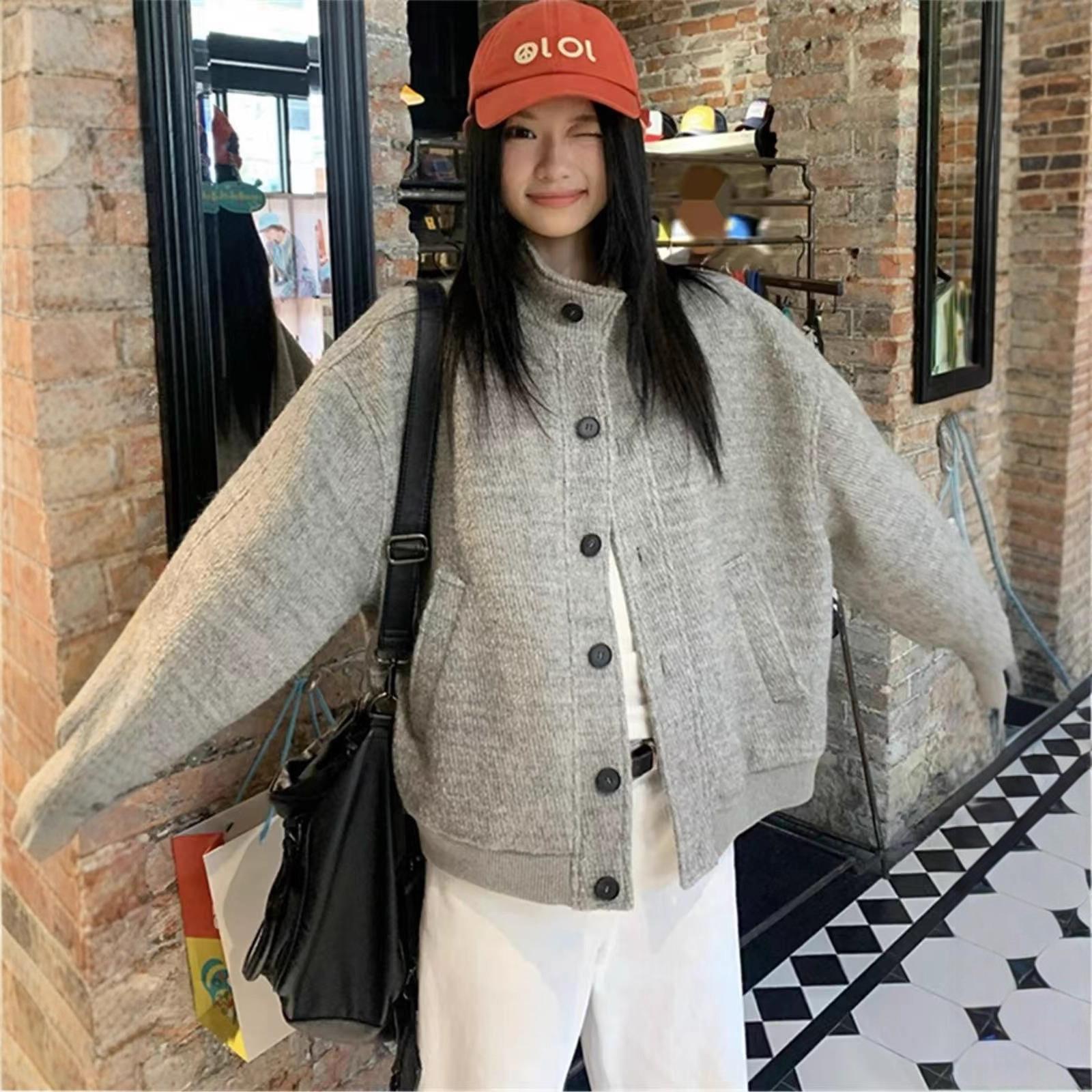 Американская ретро серая шерстяная куртка куртка женская осенне-зимняя дизайнерская нишевая свободная повседневная универсальная... M